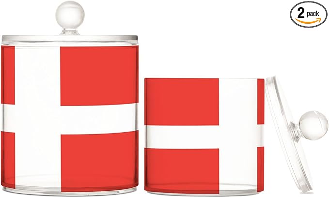 DOMIKING Danish Flag 2 Pack Bathroom Canisters Cotton Swab Holder Dispenser Plastic Cotton Ball Jar Acrylic Storage Containers for Cotton Ball Floss Picks Hair Clips