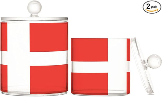 DOMIKING Danish Flag 2 Pack Bathroom Canisters Cotton Swab Holder Dispenser Plastic Cotton Ball Jar Acrylic Storage Containers for Cotton Ball Floss Picks Hair Clips