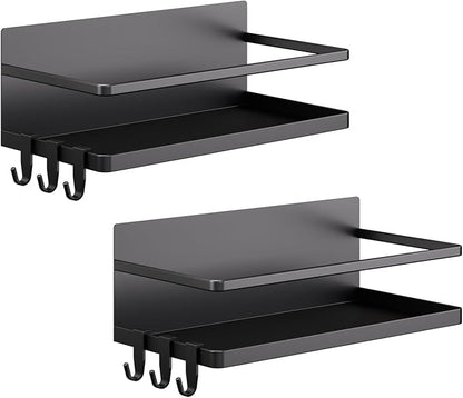 Magnetic Spice Rack for Refrigerator, 2 Pack Magnetic Shelf, Fridge Magnet Organizer with Moveable 6 Hooks, Magnetic Fridge Shelf for Kitchen Organization and Storage(Black, 2 Pack)
