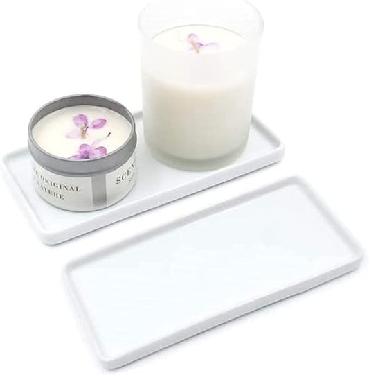 Ceramic Vanity Tray, Rectangle Bathroom White Tray, Marble Tray, Organizer for Soap, Jewelry, Perfume,Towel Holder for Counter, Bathroom, Kitchen, Sink, Restroom Decoration (Small) (2 Pack)