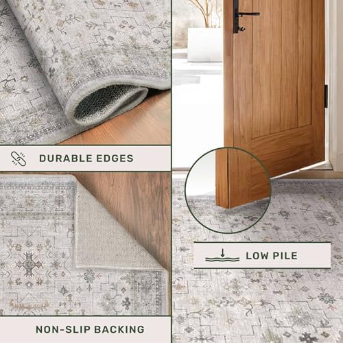 Boho Bathroom Rug 2x4 - Washable Low Pile Area Rugs for Entryway Door Mat Indoor Entrance, Soft Small Throw Kitchen Carpet, Modern Vintage Light Gray & Sage Eclectic Geometric Floral Décor - Image 5