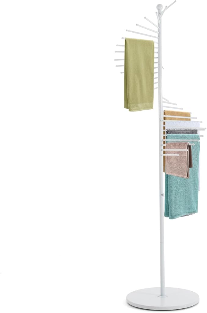 Freestanding Scarf Display Rack, Metal Scarf Racks with 30 Rods, Spiral Scarf Holder Hijab Stand for Clothing Store Commercial Home, Space Saving Shelves (White)