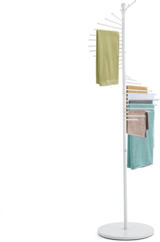 Freestanding Scarf Display Rack, Metal Scarf Racks with 30 Rods, Spiral Scarf Holder Hijab Stand for Clothing Store Commercial Home, Space Saving Shelves (White)