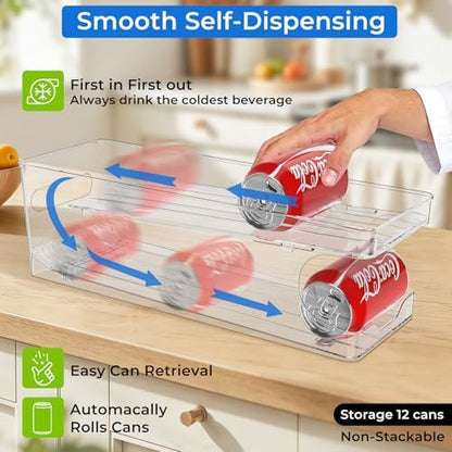 Can Organizer for Pantry Stackable AND Rolling Soda Can Dispenser for Refrigerator Soda Can Organizer