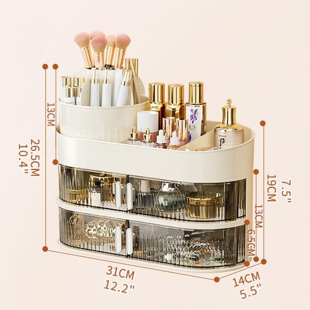 Makeup Organizer for Vanity 360 Rotating Brush Holder Cosmetic Storage with Dustproof Drawer Large Countertop Skincare Display Case for Jewelry Perfume Lotions