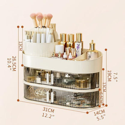Makeup Organizer for Vanity 360 Rotating Brush Holder Cosmetic Storage with Dustproof Drawer Large Countertop Skincare Display Case for Jewelry Perfume Lotions