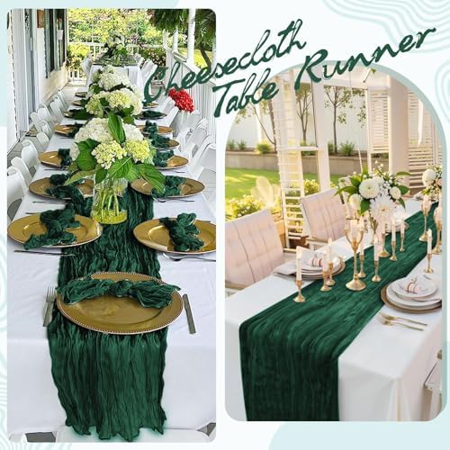 12 Pack Emerald Green Cheesecloth Table Runner 17x108 Inch Boho Gauze Cheese Cloth Table Runners Rustic Sheer Runner for Wedding Party Baby Shower Birthday Home Decor - Image 5