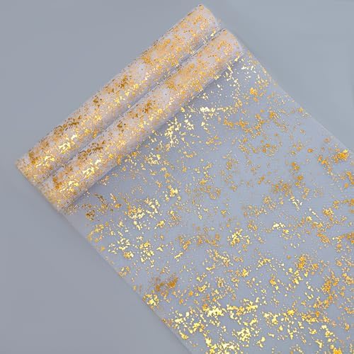 Snowkingdom 2 Pcs Gold Table Runner Roll, Sheer Gauze Chiffon Tulle Fabric Sequin Glitter Metallic Foil, Gold Golden Table Decorations for Home Wedding Birthday Party Anniversary Christmas by Snowkingdom