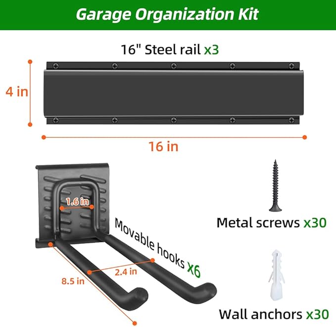 PIYILO Garage Organization, Garage Wall Organizer with 48 inches Rails and 6 Hooks, Tool Organizers Heavy Duty, Shovel Holder Wall Mount Max Load 360 LBS, Sturdy Garden Tool Rack for Folding Chairs