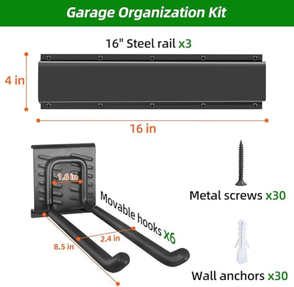 PIYILO Garage Organization, Garage Wall Organizer with 48 inches Rails and 6 Hooks, Tool Organizers Heavy Duty, Shovel Holder Wall Mount Max Load 360 LBS, Sturdy Garden Tool Rack for Folding Chairs