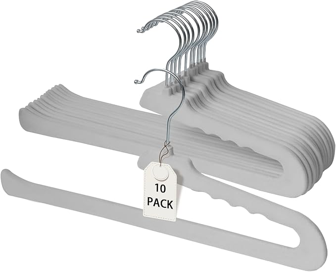 ManGotree Non Slip Velvet Pants Hangers, Open Ended Felt Jean Hangers for Closet Organizer, Heavy Duty Space Saving for Trousers, Slacks, Shorts, Dress, Scarf (10 Pack, Grey)