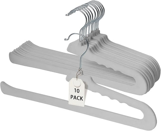 ManGotree Non Slip Velvet Pants Hangers, Open Ended Felt Jean Hangers for Closet Organizer, Heavy Duty Space Saving for Trousers, Slacks, Shorts, Dress, Scarf (10 Pack, Grey)
