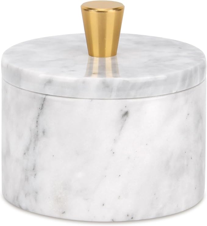 Marble Salt Cellar with Lid, 4 inch Natural Stone Salt Pepper Box, Alloy Lid for Kitchen Countertop Storage (White Grey, 4 * 3.5)