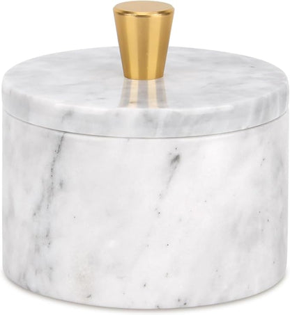 Marble Salt Cellar with Lid, 4 inch Natural Stone Salt Pepper Box, Alloy Lid for Kitchen Countertop Storage (White Grey, 4 * 3.5)