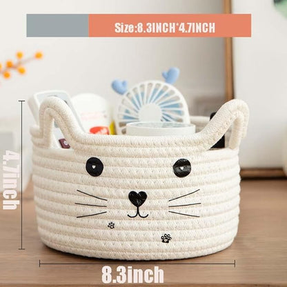 Cat Basket Storage Woven Basket Organizer with Ears Decorative Cute Pet Toy Basket Cotton Rope Basket for Gifts Cartoon Baby Nursery Basket 8.3 x 4.7 inches,White