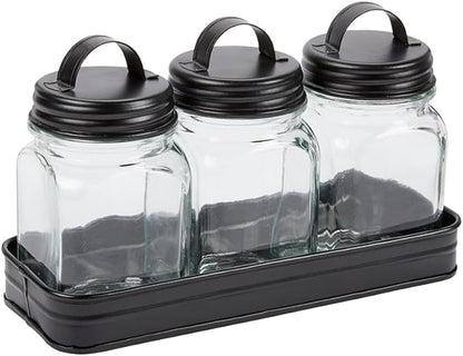 Set of 3 Glass Canisters in Galvanized Tray - Canisters in Tray Black