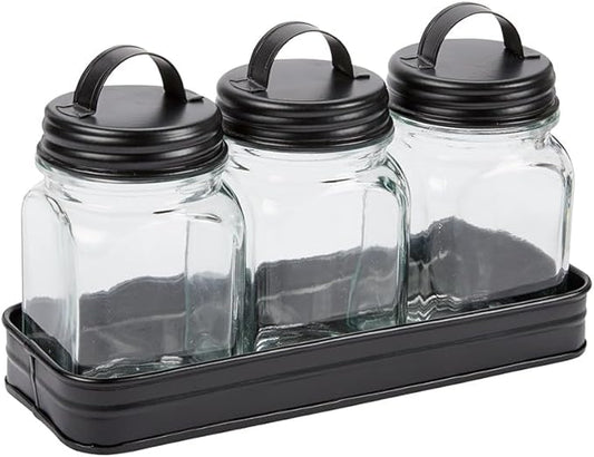 Set of 3 Glass Canisters in Galvanized Tray - Canisters in Tray Black