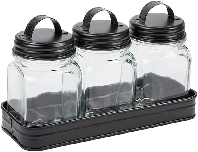 Set of 3 Glass Canisters in Galvanized Tray - Canisters in Tray Black