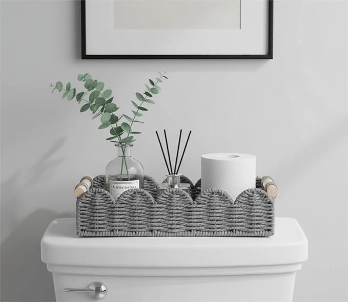 CubesLand Toilet Paper Storage Basket Organizer, Small Wicker Toilet Tank Top Decorative Baskets for Countertop, Handwoven Scalloped Basket w/handle for Home Decor, Living Room, Bedroom, Grey