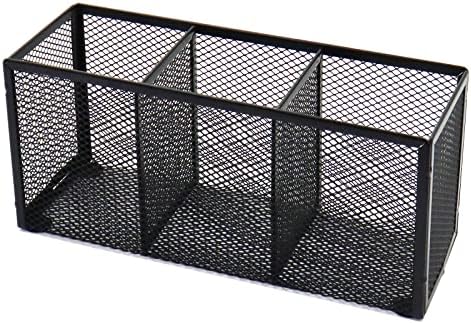 Black Mesh Pen Pencil Holder, Small Metal Desk Organizer Desktop Stationery Office Supplies Acessories Storage Stand, 3 Compartments Brushes Holder for Home School Classroom Teachers by Flytreal