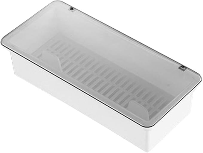 White Flatware Tray Kitchen Drawer Organizer With Lid And Drainer - Plastic Kitchen Cutlery Tray and Utensil Storage Container with Cover - 11.0 Inch Silverware Holder Drawer Organizer