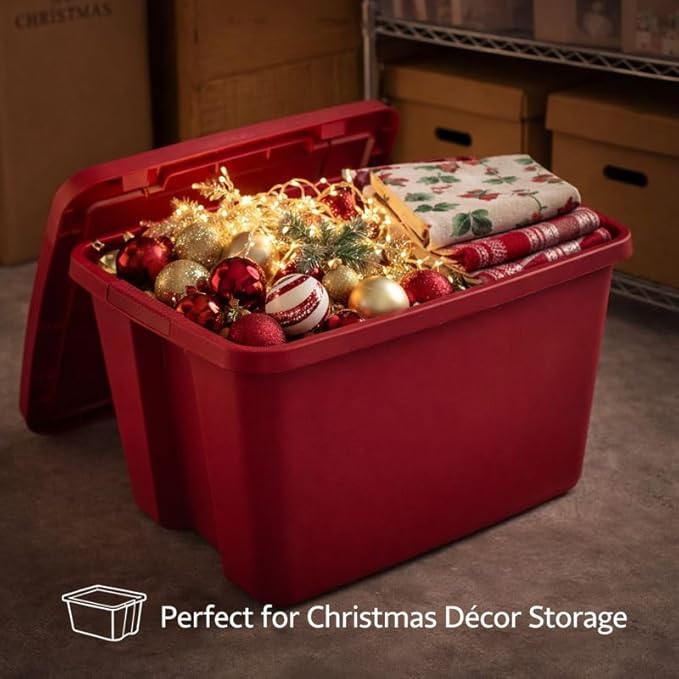 18 Gallon Plastic Storage Tote with Secure Snap-On Lid, Stackable Storage Bin for Linens, Seasonal Decor, Keepsakes & Home Organization (Red)