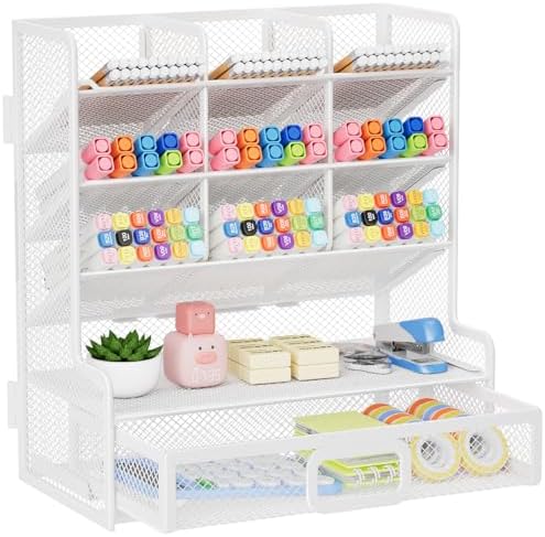 Marbrasse Larger Mesh Desk Organizer with Drawer, Multi-Functional Pen Pencil Holder, Easy Assembly, Desk Organizers and Accessories for Office Art Supplies (White) by Marbrasse