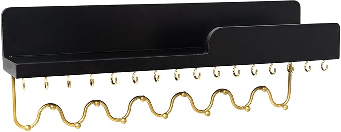 Hanging Jewelry Organizer with 29 Hooks and Cosmetics Shelf, Modern Wood Wall Mounted Jewelry Holder for Necklaces, Bracelets, Earrings and Rings, Black