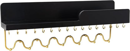 Hanging Jewelry Organizer with 29 Hooks and Cosmetics Shelf, Modern Wood Wall Mounted Jewelry Holder for Necklaces, Bracelets, Earrings and Rings, Black