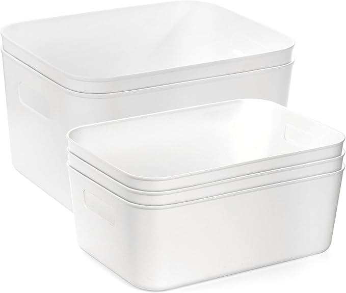 Peohud 5 Pack White Plastic Storage Bins, Pantry Organization and Storage Baskets with Handles, Open Plastic Storage Container for Home, Kitchen, Office, Shelves, Cabinet, Under Sink Organizer