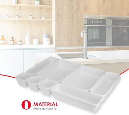 Home Basics 8 Piece Kitchen, Adjustable and Customizable Multi-Drawer Divider Organizer Set Multipurpose Use White