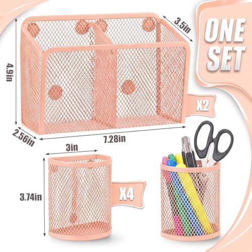 Marspark 6 Pcs Magnetic Locker Accessories Peach Magnetic Pen Holder with Strong Magnets Mesh Metal Marker Storage Basket Organizer for Locker Whiteboard Refrigerator Fridge School Office Dorm - Image 2