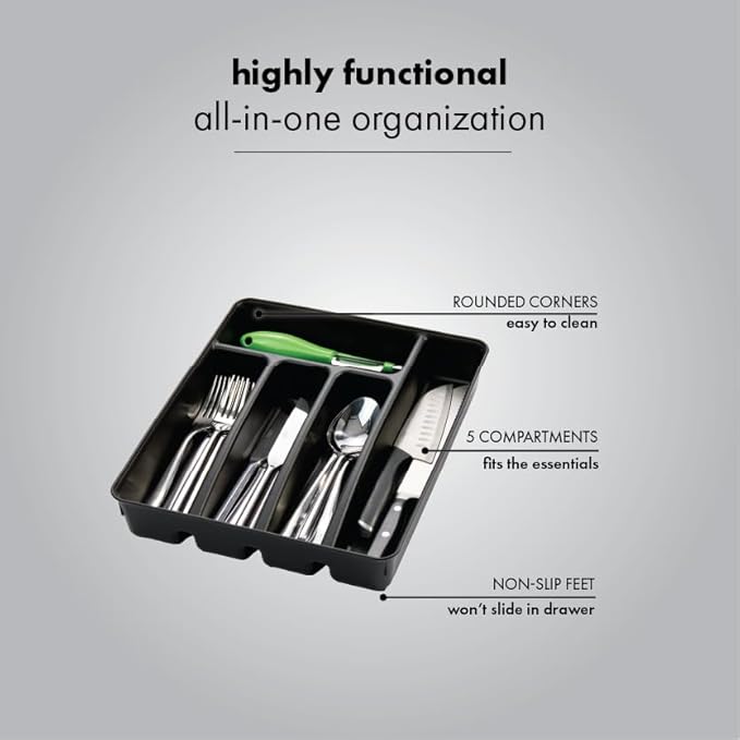 madesmart Silverware Tray, 5 Compartment Flatware Organizer for Forks, Knives & Spoons, Durable Drawer Organizer, Carbon