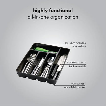madesmart Silverware Tray, 5 Compartment Flatware Organizer for Forks, Knives & Spoons, Durable Drawer Organizer, Carbon