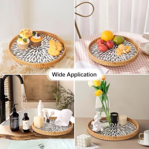 Round Rattan Tray with Mother of Pearl Inlay, Rattan Serving Tray for Coffee, Bread, Fruits, Decorative Wicker Tray for Table Decor, Home Decor, Kitchen Island Decor (Black Leaf, 11.8") - Image 2