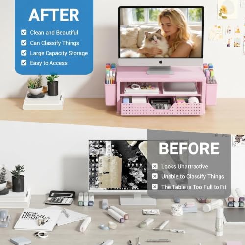 OPNICE Desk Organizers and Accessories, Computer Monitor Stand Riser with Drawer and 2 Pen Holders, Printer & Laptop Stand, Office Desk Accessories & Workspace Organizers for Home Office Supplies, Pink - Image 2