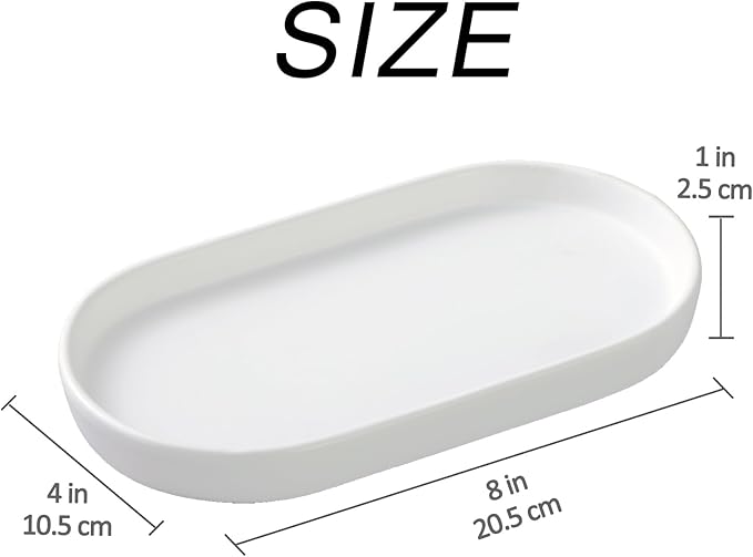 White Round Soap Dispenser Tray - 8'' Ceramic Vanity Tray for Bathroom Decorative, Jewelry Ring Dish, Comestic Holder, Kitchen Sink Countertop Organizer Plate