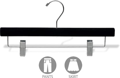 Black Velvet Pant Hanger w/Adjustable Cushion Clips, Box of 100 Flat Wood Bottom Hangers w/Chrome Swivel Hook for Jeans Slacks or Skirt