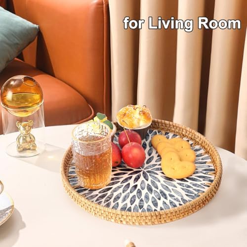 Round Rattan Tray with Mother of Pearl Inlay, Rattan Serving Tray for Coffee, Bread, Fruits, Decorative Wicker Tray for Table Decor, Home Decor, Kitchen Island Decor (Black Leaf, 11.8") - Image 6