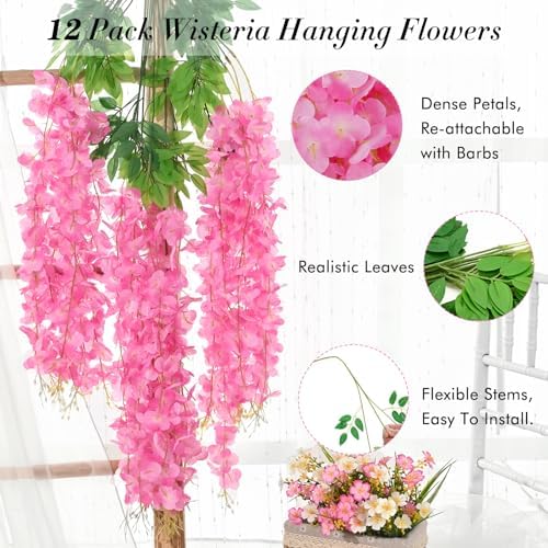 Waipfaru 12 Pack Wisteria Hanging Flowers, 3.6 Feet/Pcs Pink Wisteria Artificial Flowers, Fake Flowers Garland, Hanging Wisteria Vines for Bedroom Wedding Home Party Wall Decoration - Image 3