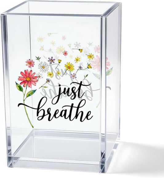 Just Breathe Acrylic Cosmetic Pencil Pen Holder Cup, Inspirational Dandelion Desk Organizer Accessories for Home Office Decor, Encouragement Gifts for Women Girl Coworker Daughter Yoga Teacher