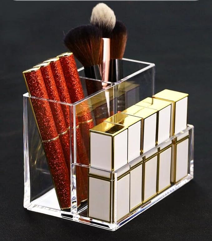 Acrylic Makeup Organizer Cosmetic Storage Makeup Display Case Makeup Brush Holder Lipstick Dispenser Canister Bathroom Container (5.1 x 3.5 x 3.9 in, 3 Partitions, Transparent)
