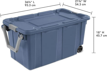 Storage Bin 40 Gallon Plastic Rolling Stacker Storage Box 160 Qt Wheeled Industrial Tote Tough Lidded Stackable Storage Container for Home, Garage, Blue Moonlight Base and Lid 2-pack