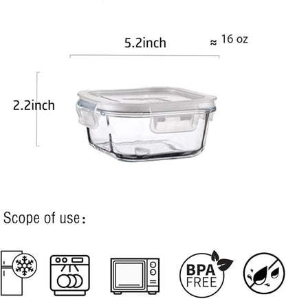 2 Cup Square Glass Food Storage Containers, Small Square Storage Containers With Airtight Lids Leak-proof, BPA free 16oz Glass Meal Prep Bowls, Dishwasher, Microwave, Freezer Safe (White)