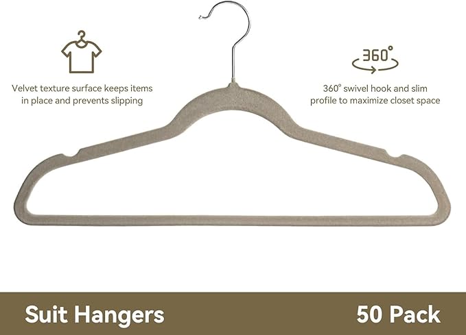 Premium Velvet Hangers 50 Pack, Non-Slip Suit Clothes Hangers, 360 Degree Swivel Hooks and Slim Profile to Maximize Closet Space Grey/Silver