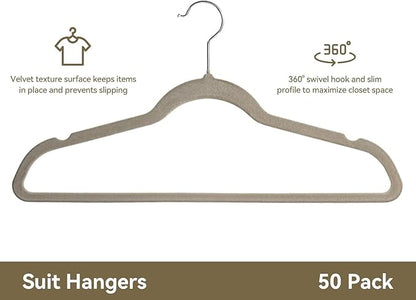 Premium Velvet Hangers 50 Pack, Non-Slip Suit Clothes Hangers, 360 Degree Swivel Hooks and Slim Profile to Maximize Closet Space Grey/Silver