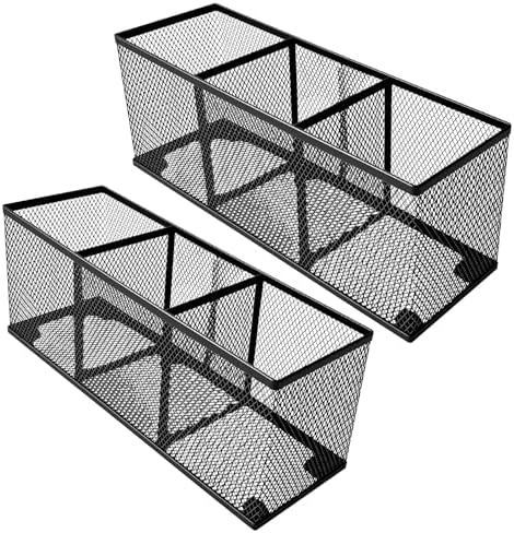 2-Pack Metal Mesh Pencil Holder, Spacious 3-Compartment Desk Organizer for Pens, Makeup Brushes, Utensils, Desktop Storage for Home, Office, School, Kitchen, 10.43x3.35x4.04 Inch, Black by Wenkedigi
