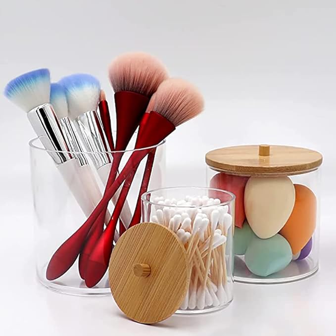 2 Pack Acrylic Qtip Holders, Large Cotton Round Holder with Bamboo Lid Clear Apothecary Jars Bathroom Canister Storage for Q-Tips, Cotton Pads & Swab, Hair Ties, Makeup Brush Organizing
