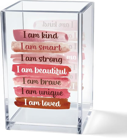 I Am Kind Smart Strong Beautiful Acrylic Makeup Brush Organizer Holder, Daughter Affirmations Desk Acrylic Brushes Storage, Inspirational Graduation Gifts for Daughter Niece Sister Makeup Lovers