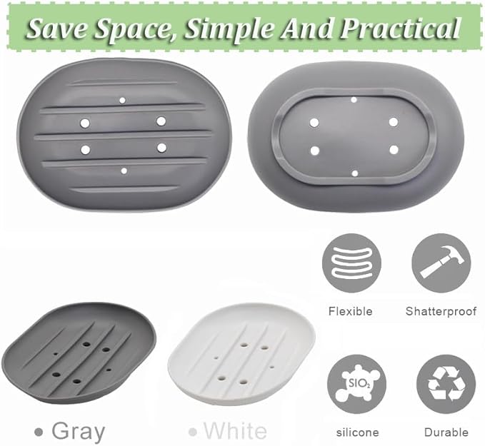 Silicone Soap Dish, 2-Pack, Anti-Slip Drainage Holder, Gray and White, 4.4 x 3.1 inches